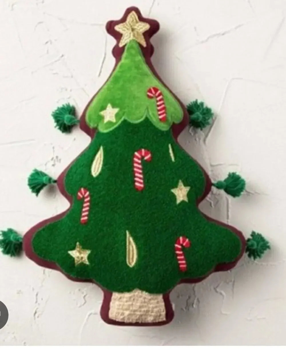Jungalow Opalhouse Christmas Tree Pillow Green Tassels Embellished Whimsy NEW